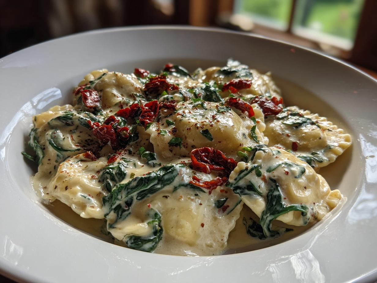 Close-up of creamy Tuscan ravioli tossed in a rich cream sauce with wilted spinach and sun-dried tomatoes.