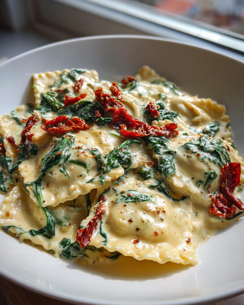 A close-up shot of creamy Tuscan ravioli generously coated in a rich sauce with spinach and sun-dried tomatoes.