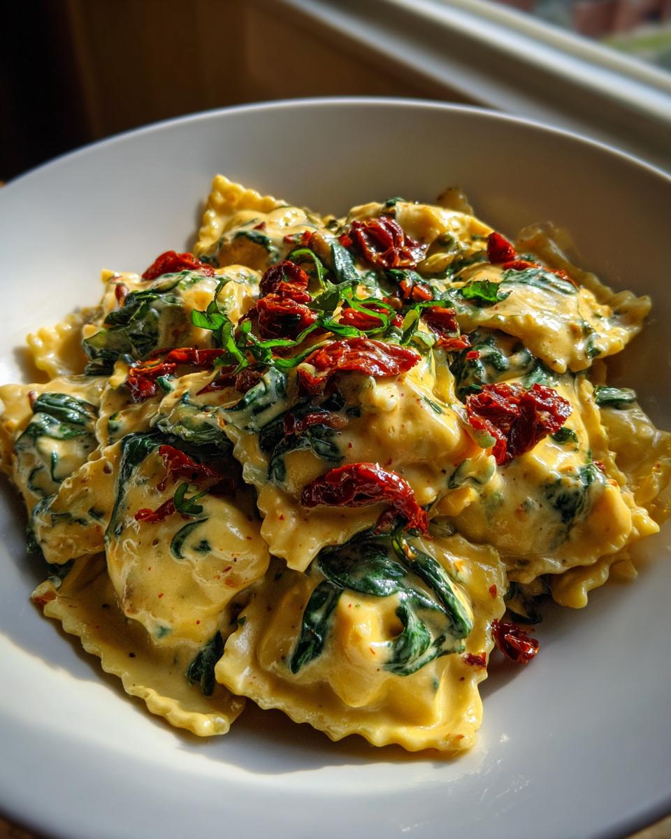 A close-up of creamy Tuscan ravioli tossed in a rich sauce with spinach and topped with sun-dried tomatoes.