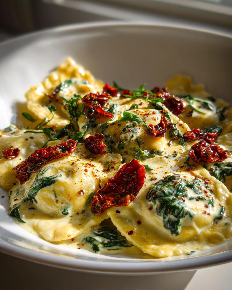 A close-up shot of creamy Tuscan ravioli mixed with spinach and topped with vibrant sun-dried tomatoes.