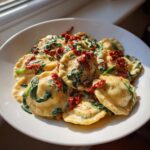 A white bowl filled with creamy Tuscan ravioli mixed with spinach and topped with sun-dried tomatoes.