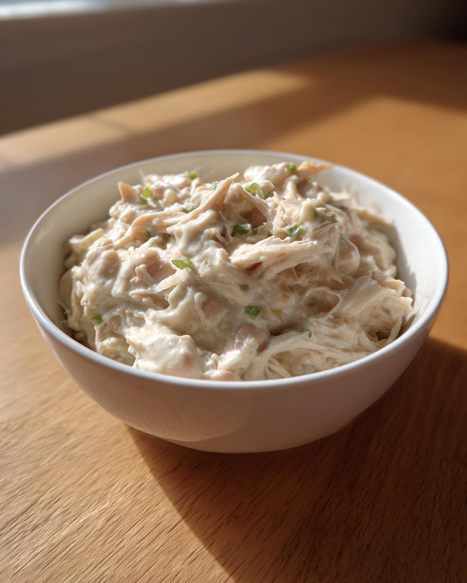 A close-up photo of creamy white chicken chili, featuring shredded chicken in a rich sauce, topped with green onions.