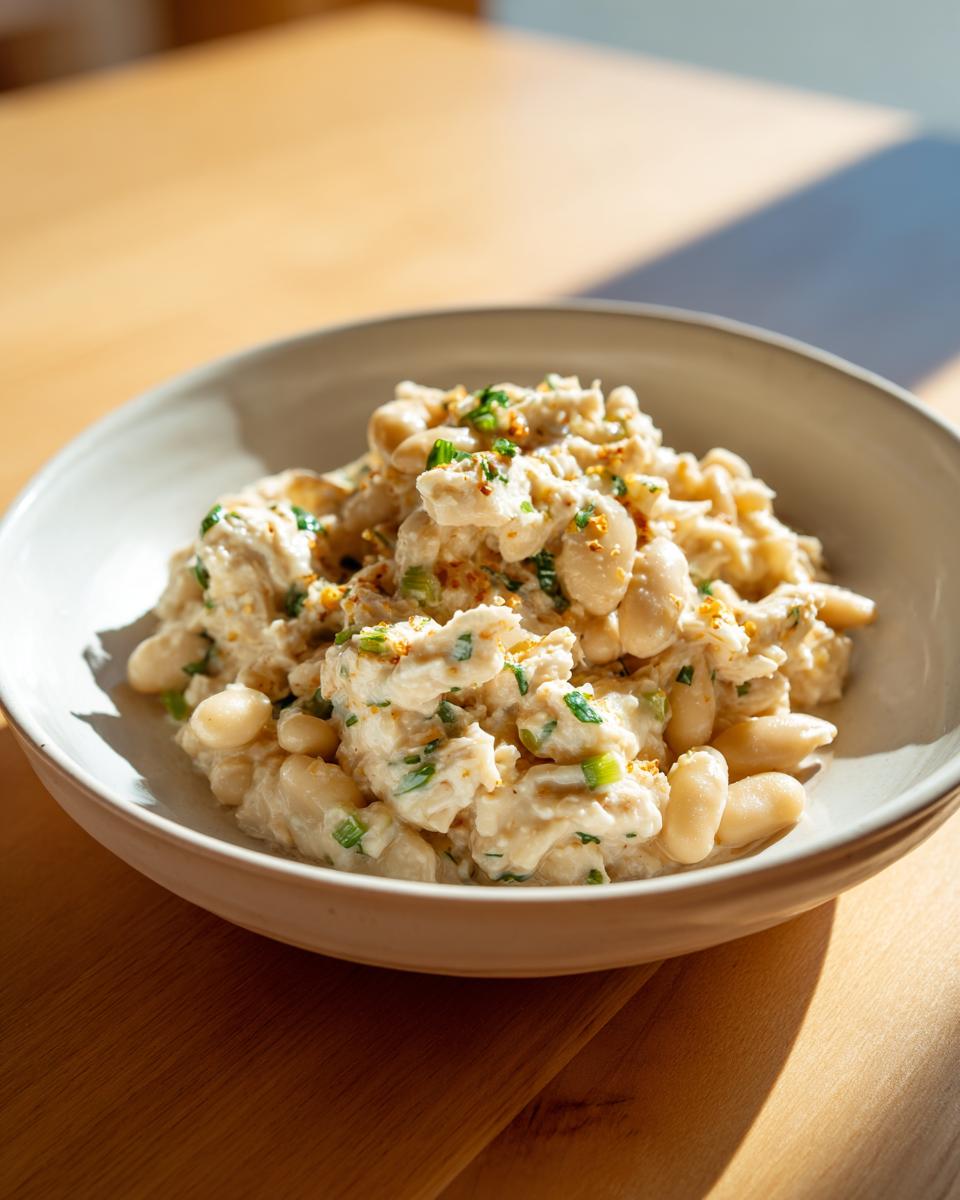 A close-up of creamy white chicken chili featuring white beans and green onions in a light-colored bowl.