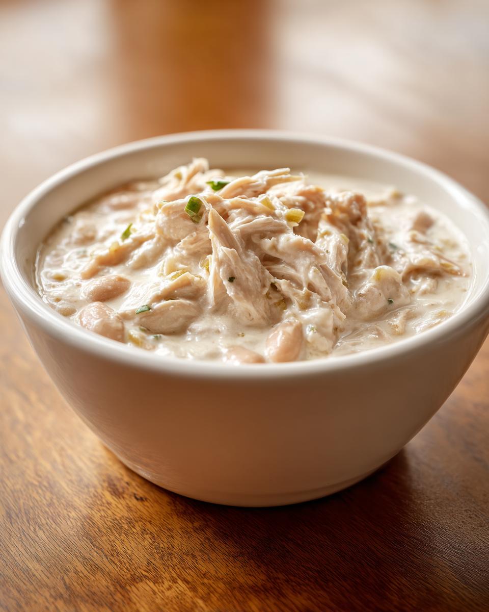 Close-up of a white bowl filled with creamy white chicken chili, featuring shredded chicken and white beans.
