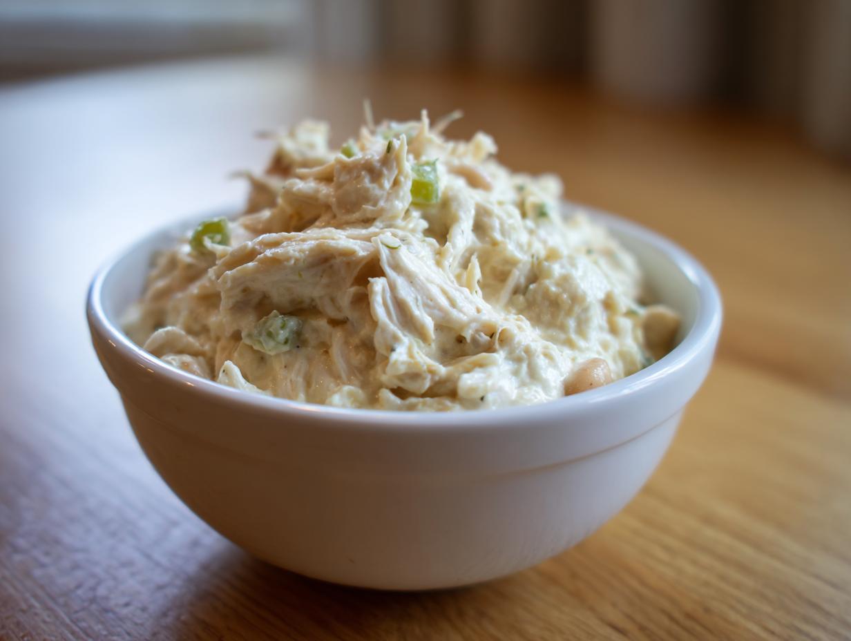 Close-up of creamy white chicken chili with shredded chicken and beans served in a white bowl.