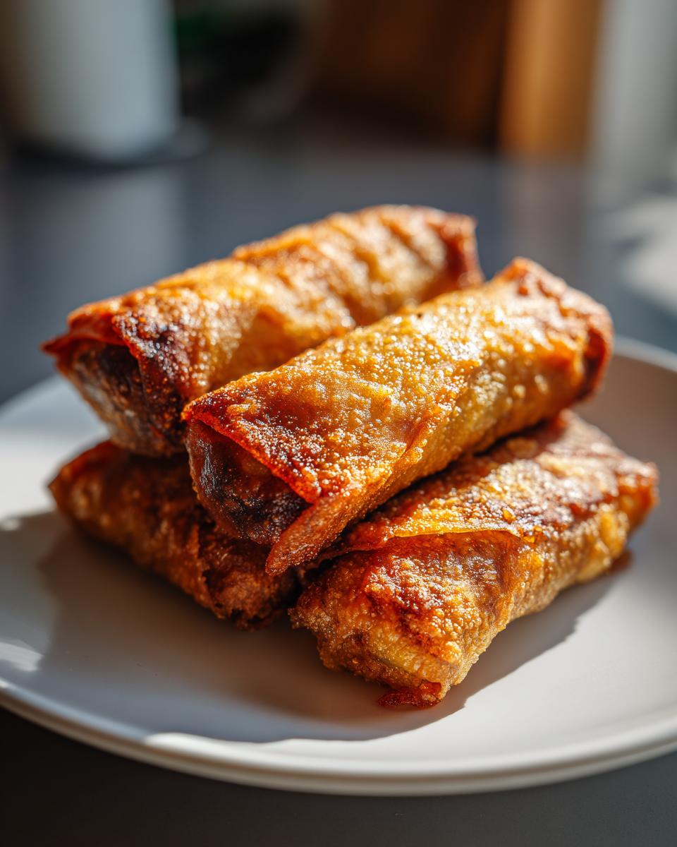 Close-up of four golden brown, crispy fried egg roll appetizers stacked on a white plate.