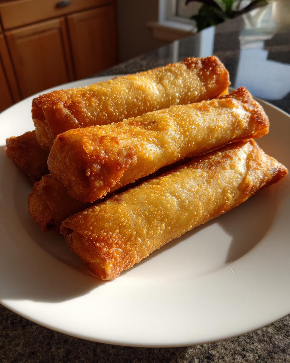 A stack of four golden brown, crispy fried egg roll appetizers resting on a white plate.