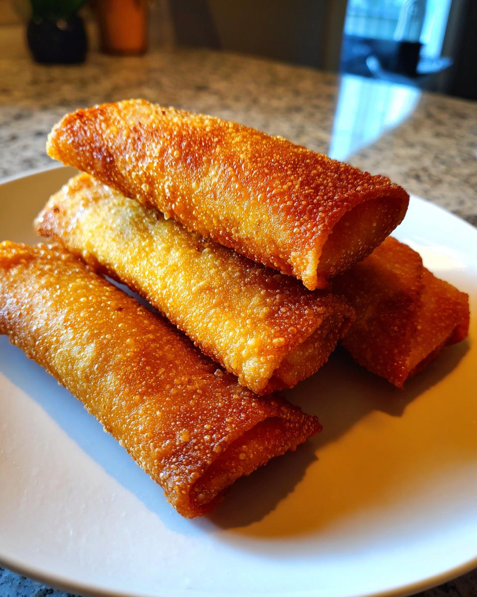 Four golden brown, crispy fried egg roll appetizers stacked on a white plate.