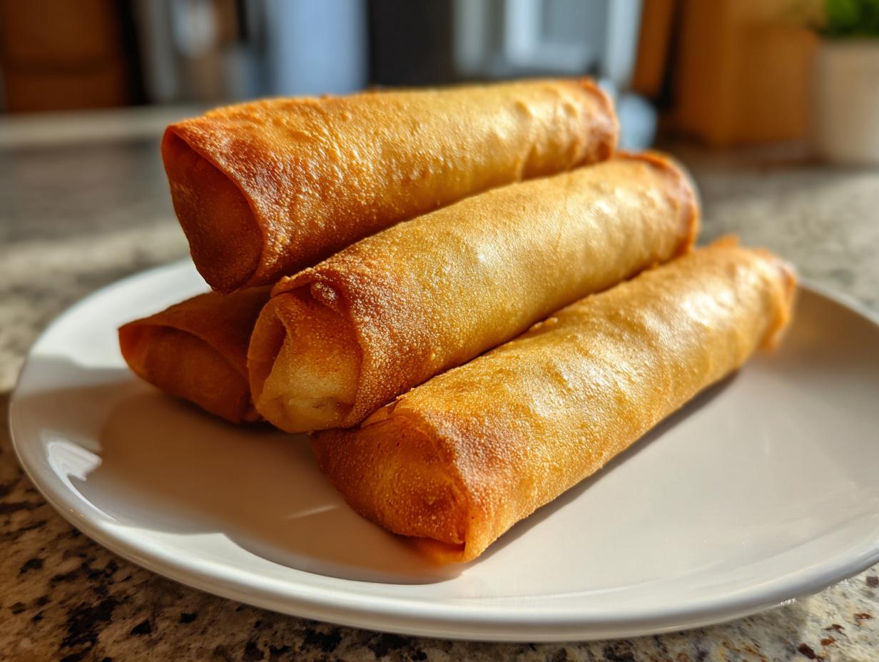 A stack of four golden brown, crispy fried egg roll appetizers resting on a white plate.