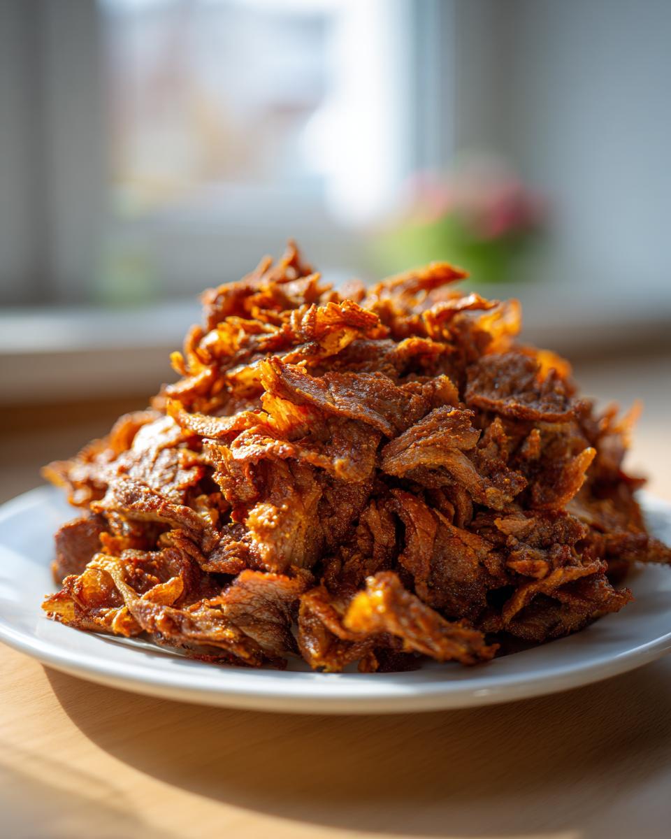 A mound of thinly sliced, richly spiced, and crispy homemade doner kebab meat piled high on a white plate.