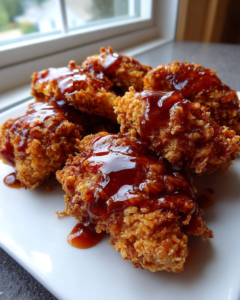 Close-up of crispy fried chicken pieces generously drizzled with a shiny, dark hot honey glaze.