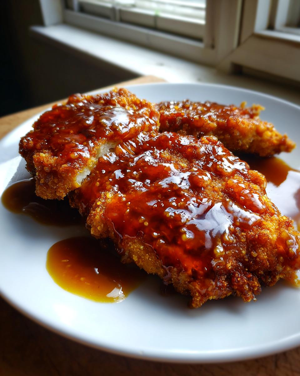 Two pieces of crispy fried chicken generously coated in a thick, glossy hot honey glaze on a white plate.