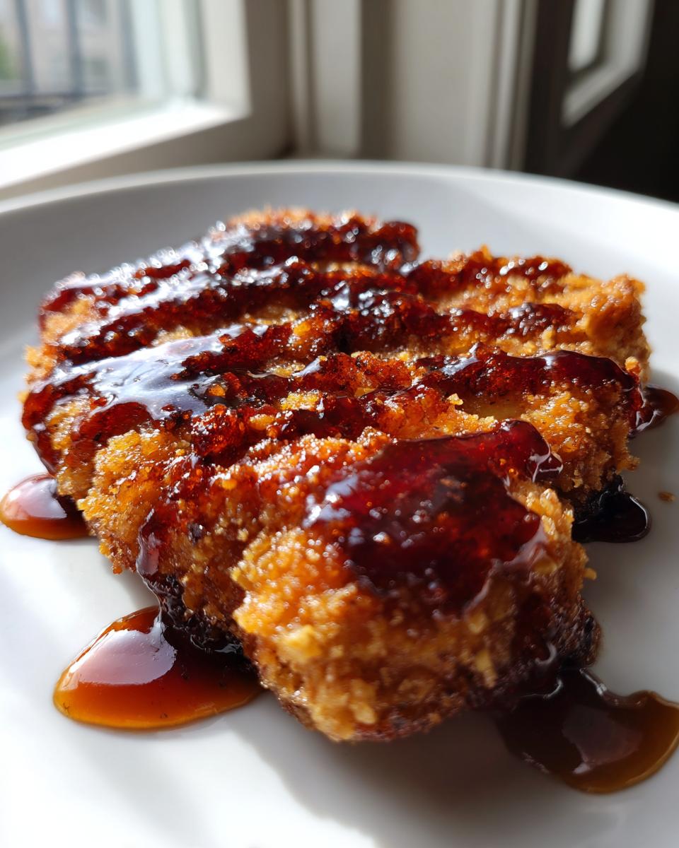Close-up of crispy breaded chicken pieces generously drizzled with shiny hot honey glaze.