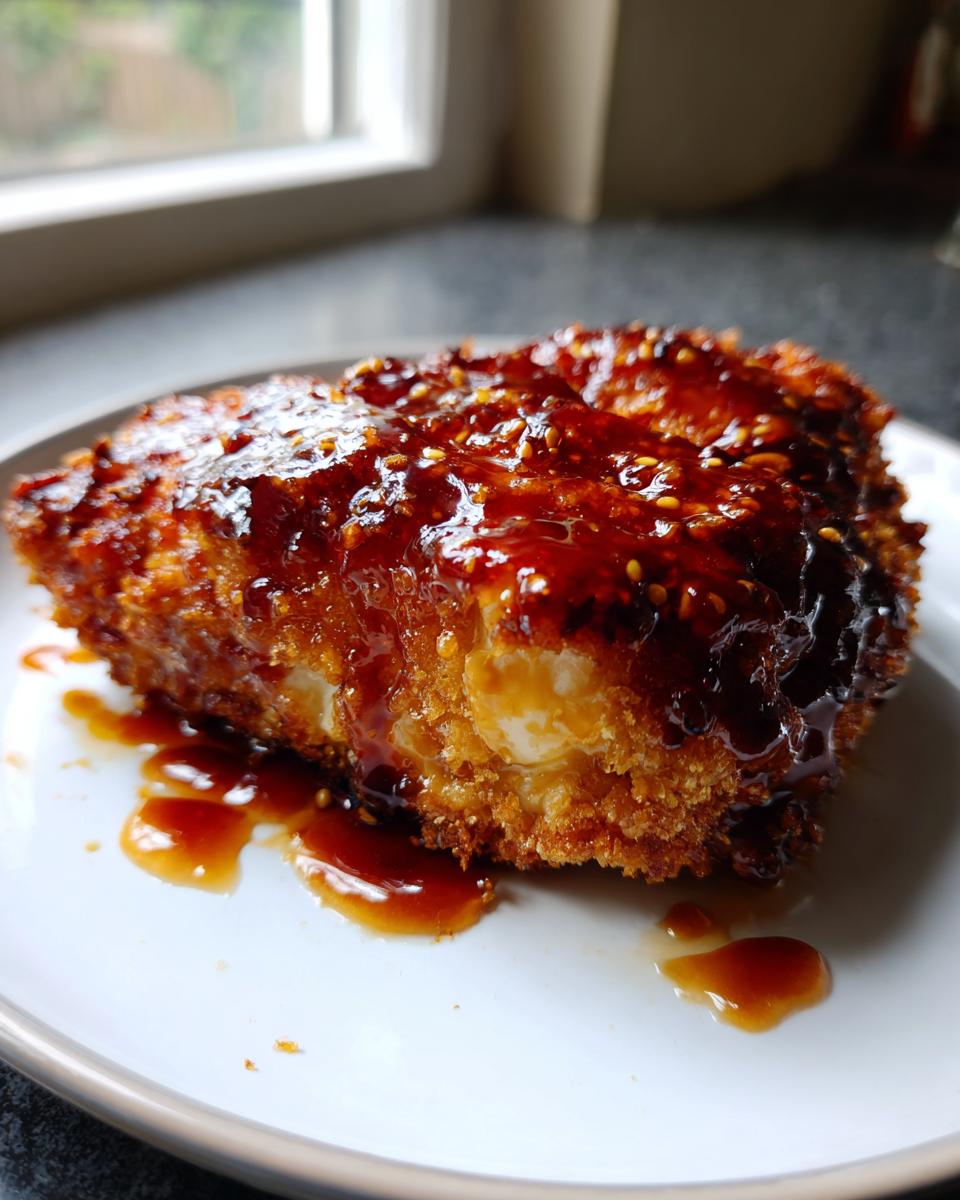 Close-up of a piece of crispy fried chicken generously coated in glossy hot honey sauce and sesame seeds.