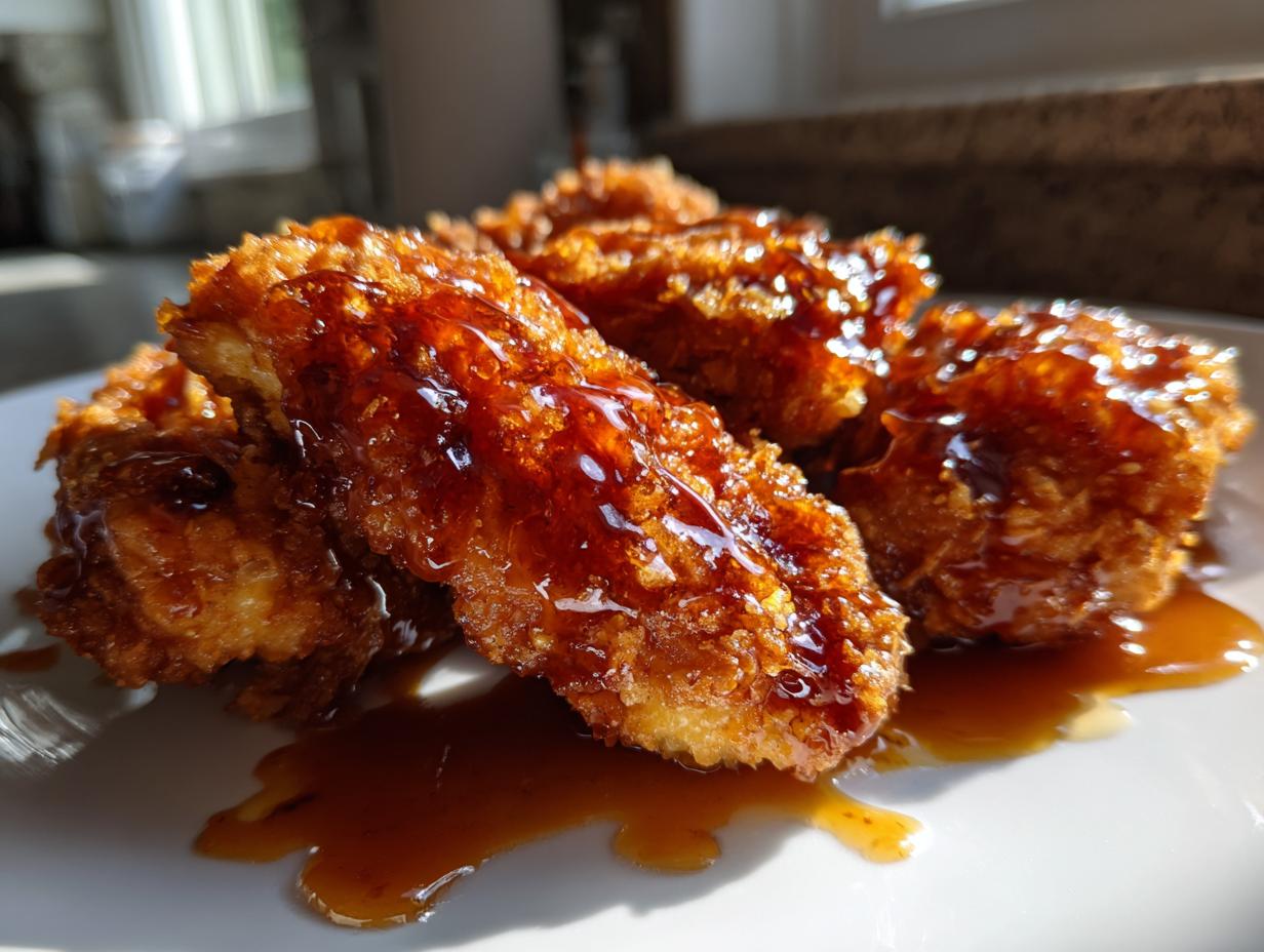 Close-up of crispy fried chicken tenders generously drizzled with a glossy sauce, representing hot honey chicken.