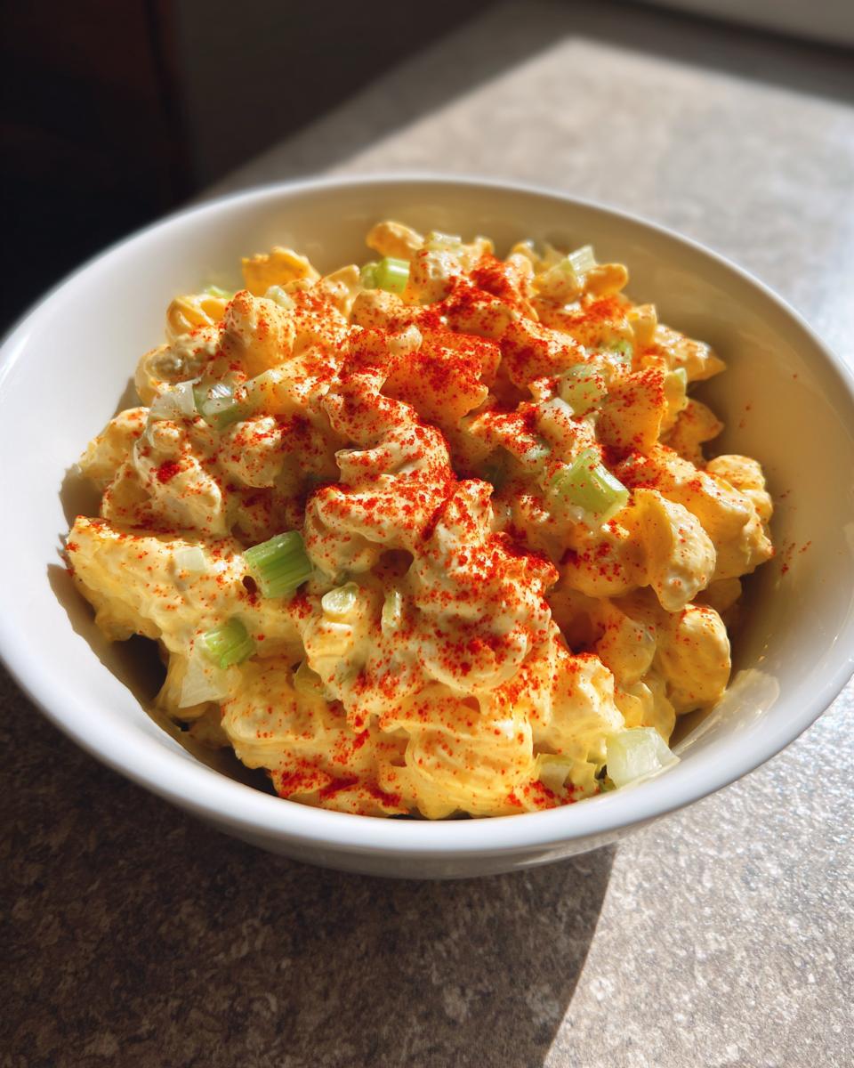 Close-up of creamy deviled egg pasta salad topped generously with bright red paprika in a white bowl.
