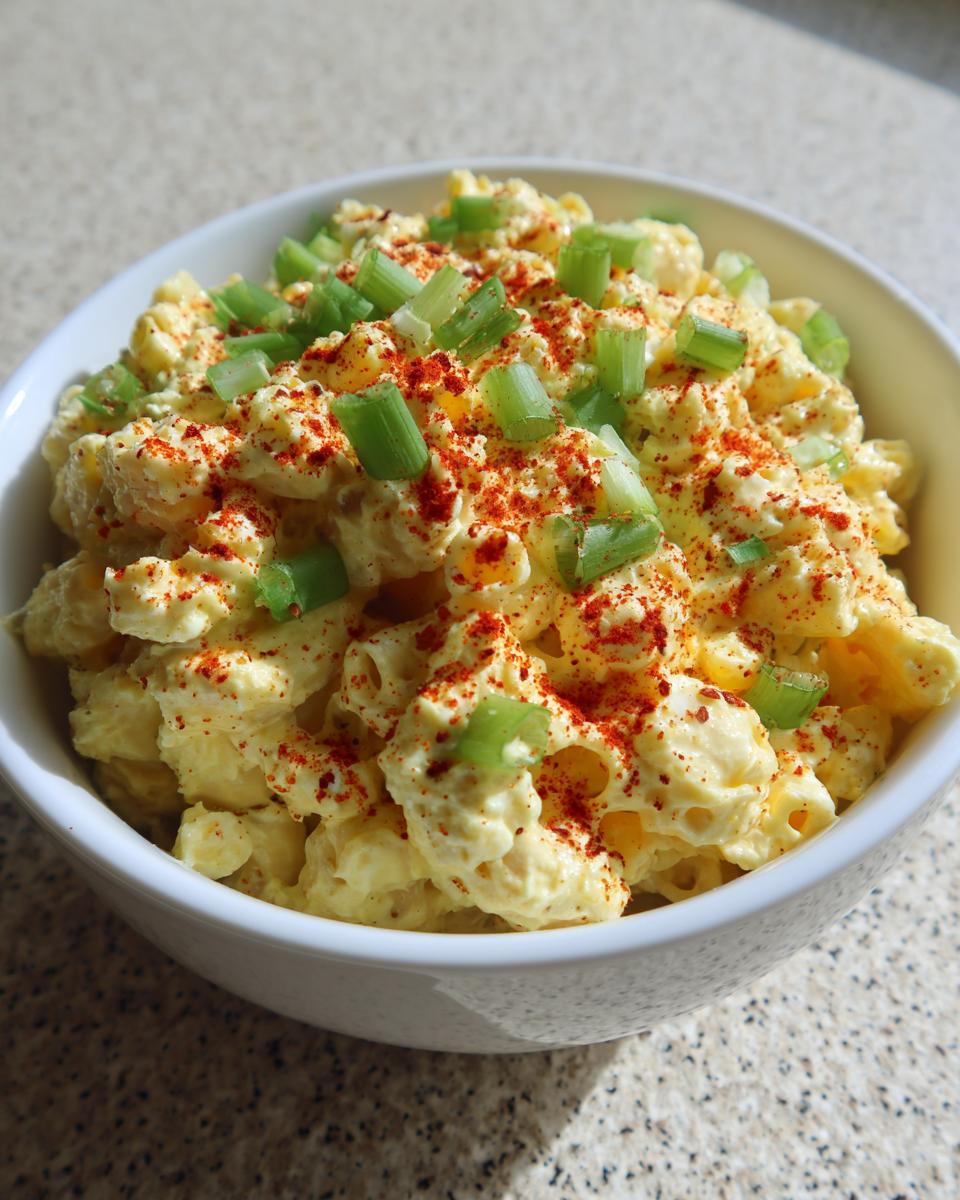 Close-up of creamy deviled egg pasta salad topped with paprika and chopped green onions in a white bowl.
