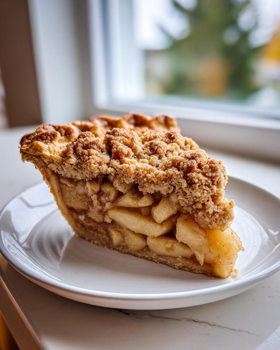 A close-up of a thick slice of dutch apple pie recipe showing cinnamon apples and a crumb topping on a white plate.