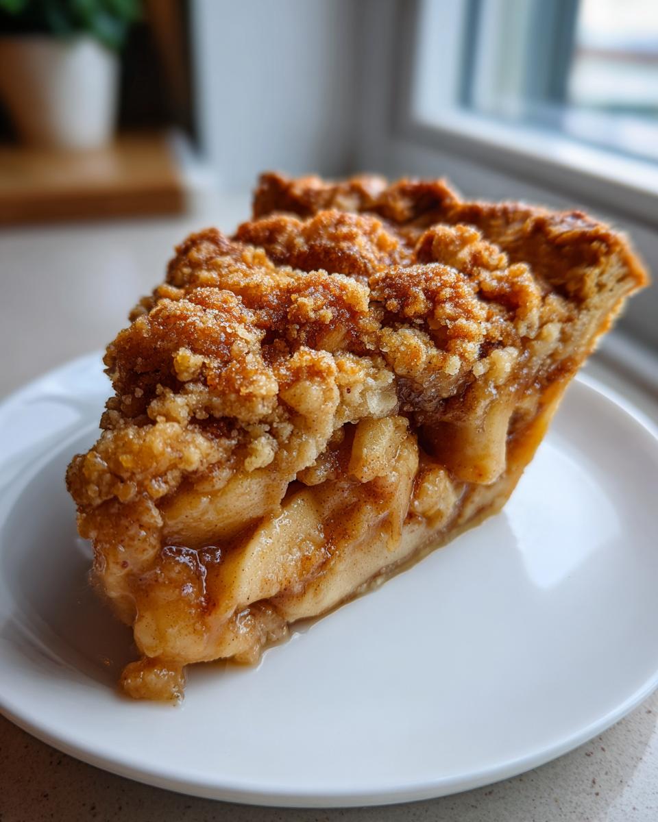 A close-up of a thick slice of dutch apple pie recipe featuring tender apples and a sugary, golden brown crumb topping.