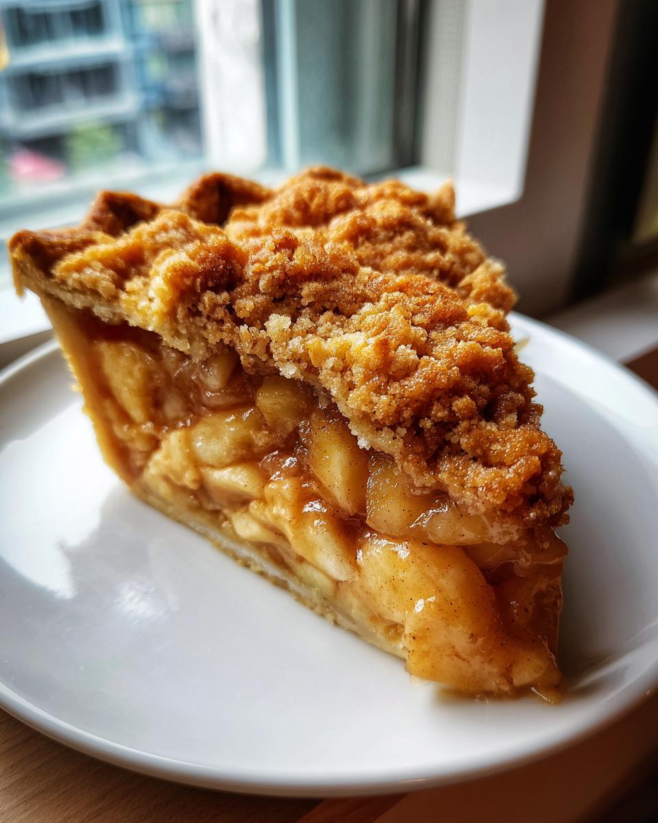 A close-up of a thick slice of dutch apple pie recipe featuring a gooey apple filling and a golden brown crumb topping.