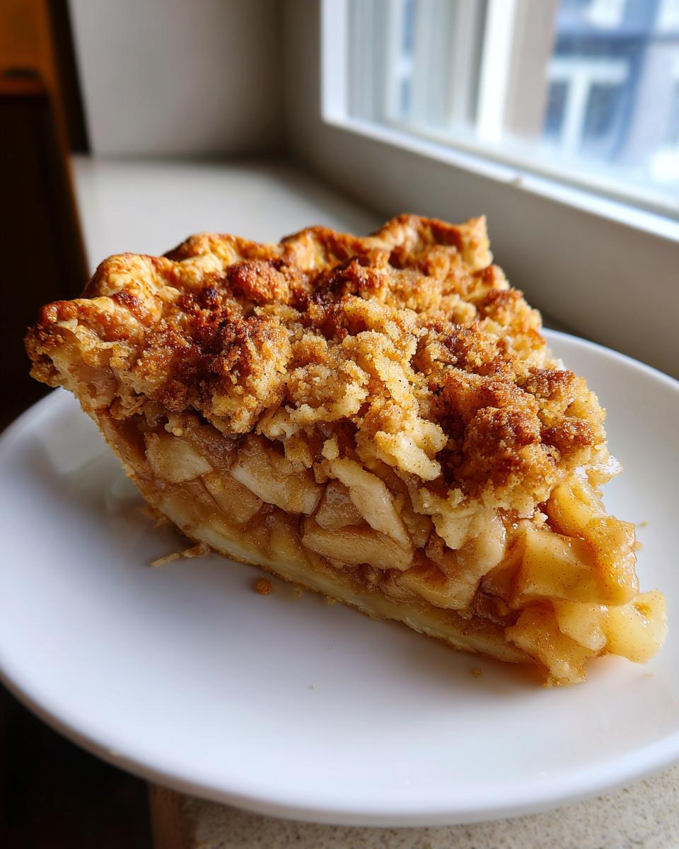 A close-up slice of dutch apple pie recipe showing thick apple filling and cinnamon streusel topping on a white plate.