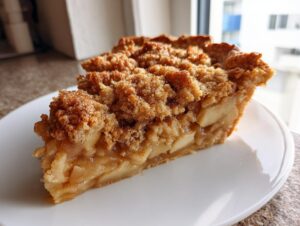 A close-up of a thick slice of Dutch apple pie recipe featuring tender apples and a golden, crunchy crumble topping.