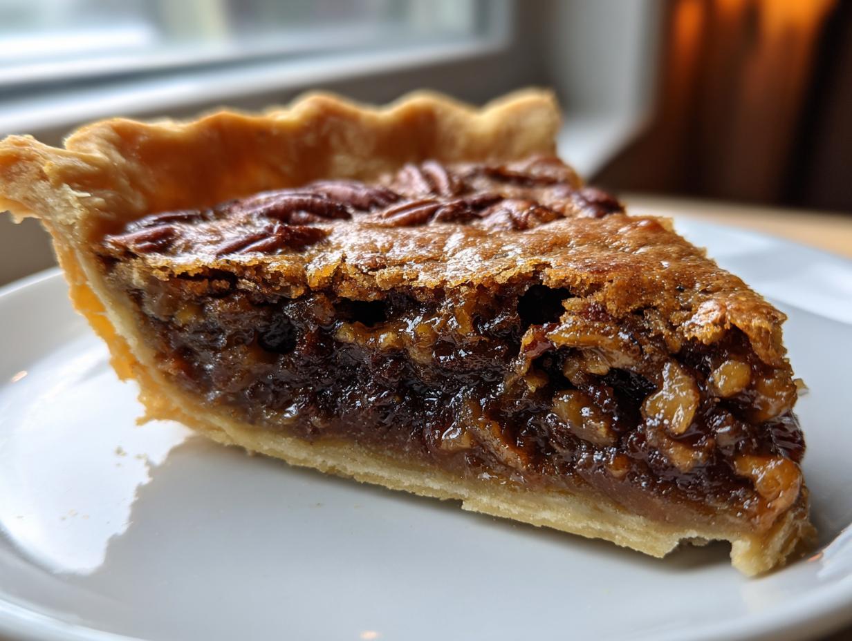 Close-up of a rich, gooey slice of easy pecan pie showing the dark filling and flaky crust.