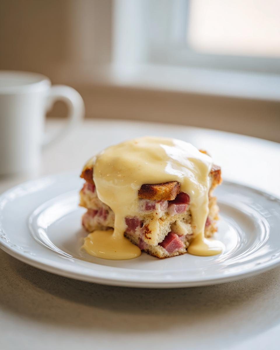 A square serving of eggs benedict casserole topped generously with creamy hollandaise sauce on a white plate.