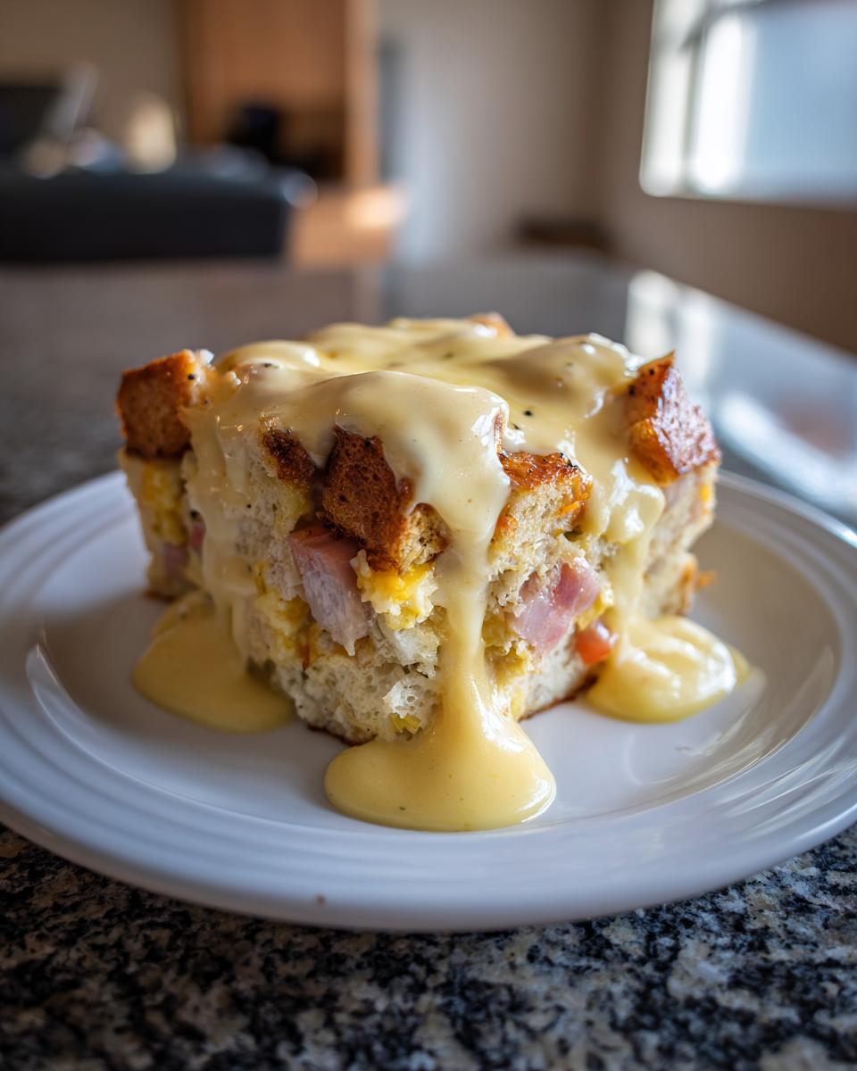 A square serving of eggs benedict casserole topped with rich, dripping hollandaise sauce on a white plate.
