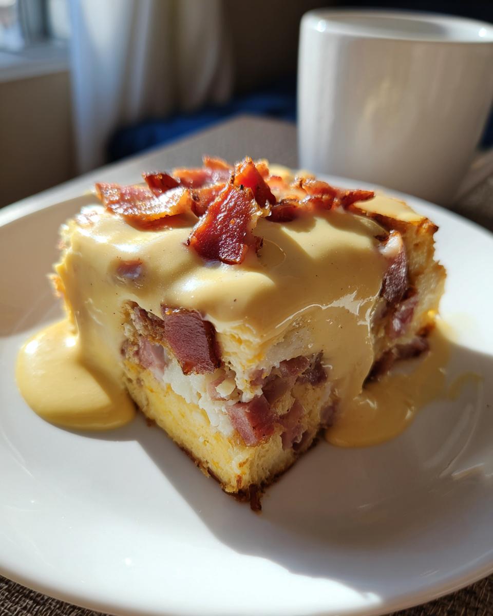 A square slice of eggs benedict casserole topped with hollandaise sauce and crispy bacon pieces.