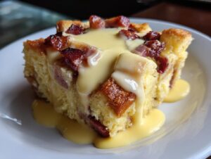 Close-up of a square slice of eggs benedict casserole topped with crispy bacon bits and drizzled with rich hollandaise sauce.