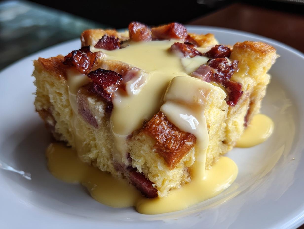 Close-up of a square slice of eggs benedict casserole topped with crispy bacon bits and drizzled with rich hollandaise sauce.