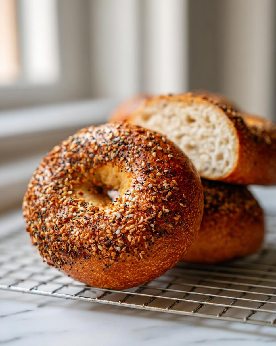 Close-up of an everything sourdough discard bagel resting on a wire cooling rack next to a sliced bagel.