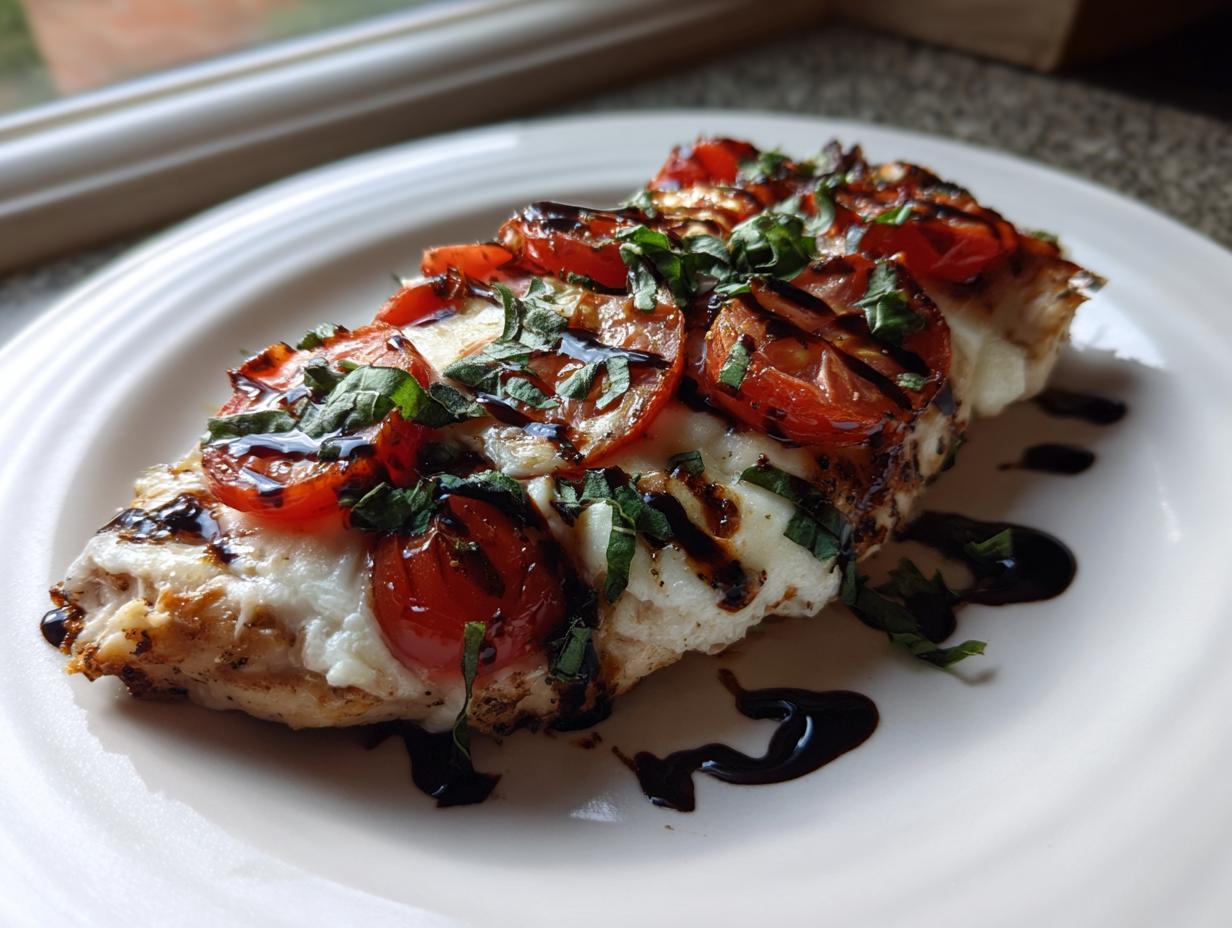 A perfectly cooked piece of caprese chicken topped with melted mozzarella, roasted tomatoes, and fresh basil.