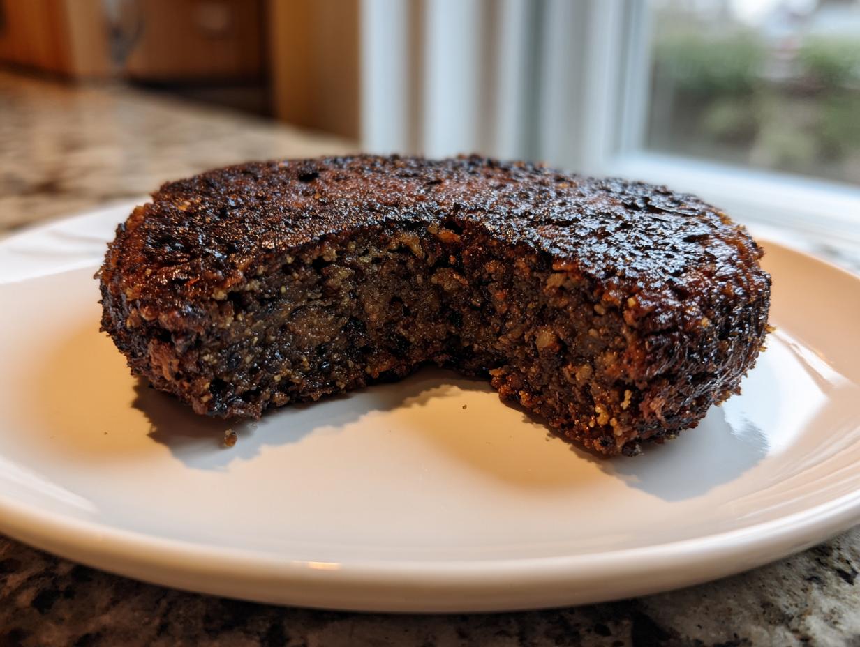 A perfectly seared, firm black bean burger resting on a white plate, showing its dense interior texture.