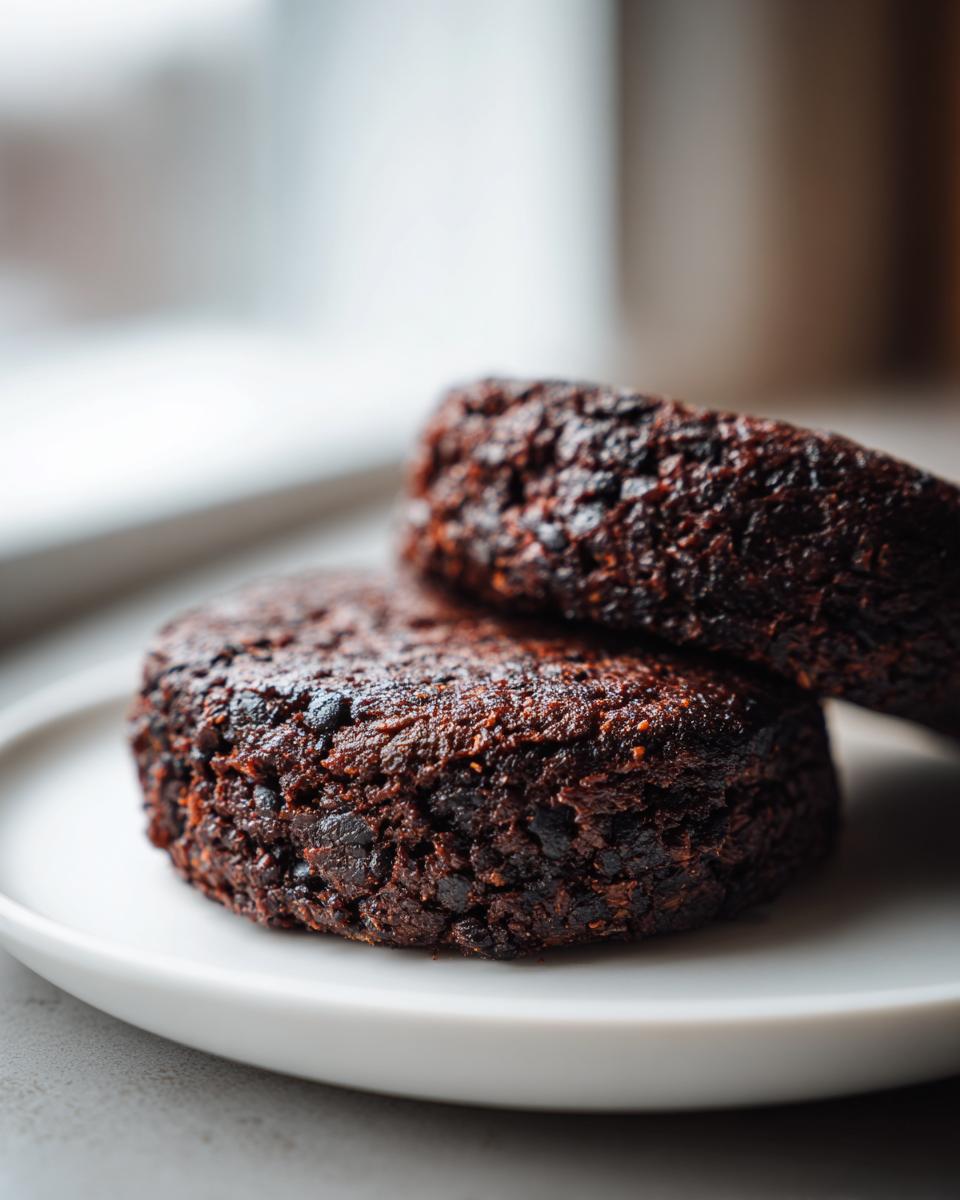 Two dark, richly textured black bean burger patties stacked slightly on a white plate.