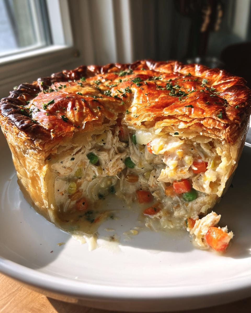 A cross-section of a homemade chicken pot pie recipe showing creamy filling and flaky golden crust.