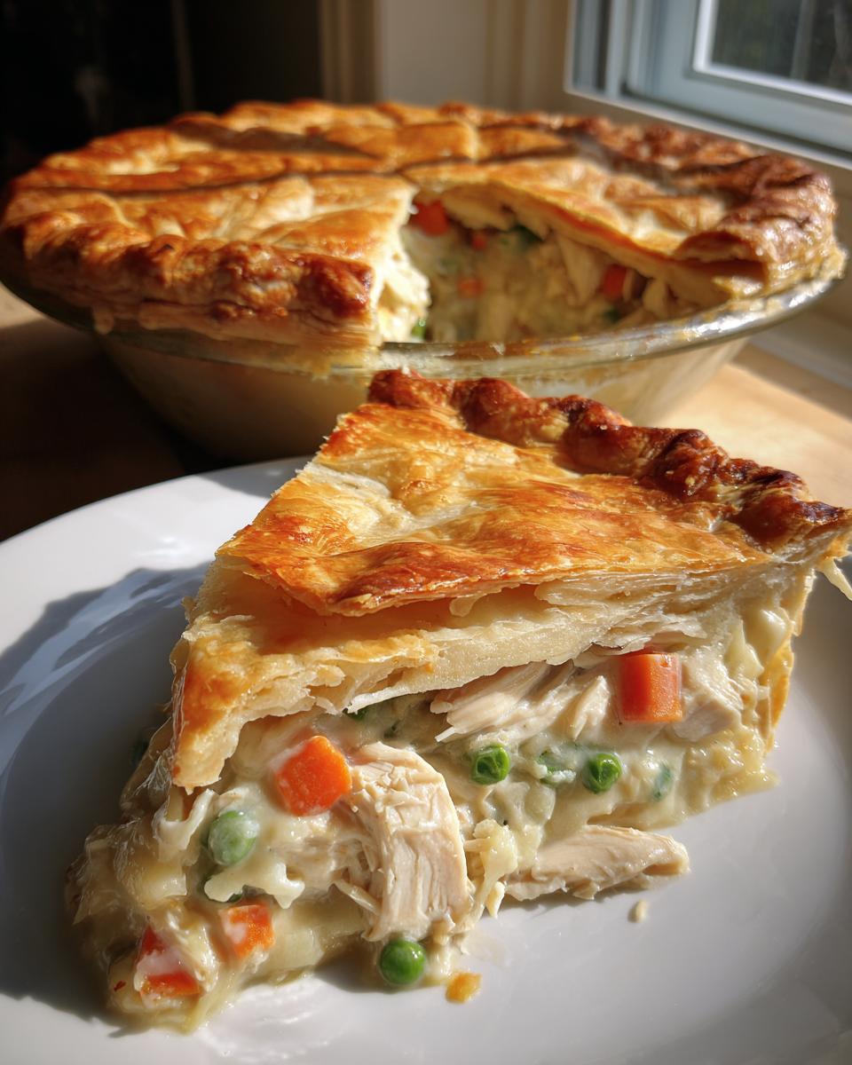 Close-up of a slice of chicken pot pie recipe showing flaky crust and creamy filling with chicken, carrots, and peas.