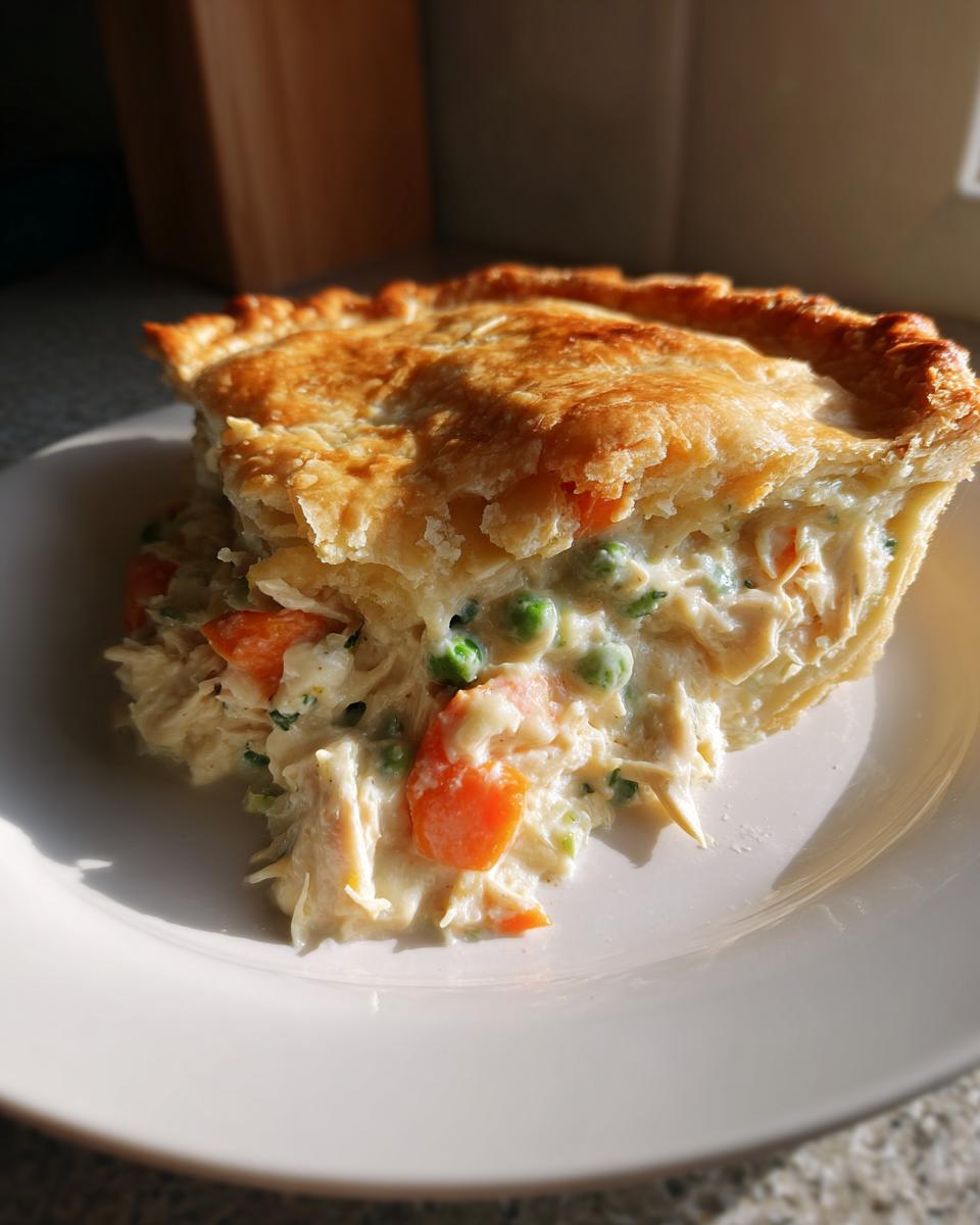 A close-up of a slice of chicken pot pie showing creamy filling with carrots and peas under a golden, flaky crust.