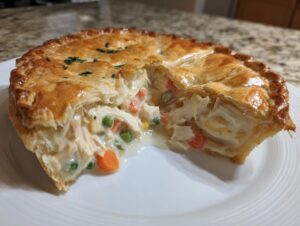 Close-up of a homemade chicken pot pie with a slice removed, showing creamy filling, chicken, peas, and carrots.