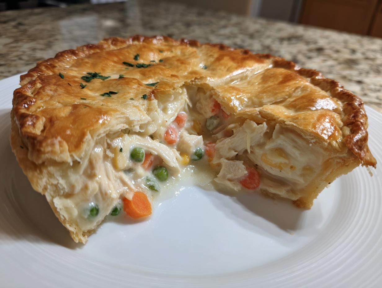 Close-up of a homemade chicken pot pie with a slice removed, showing creamy filling, chicken, peas, and carrots.