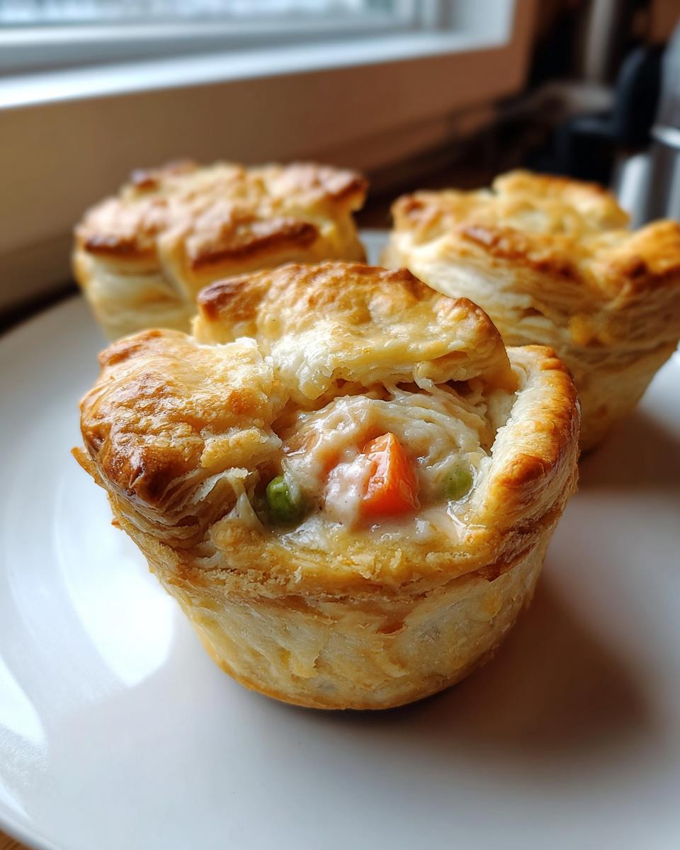 Close-up of a flaky, golden mini chicken pot pie showing creamy filling with peas and carrots.