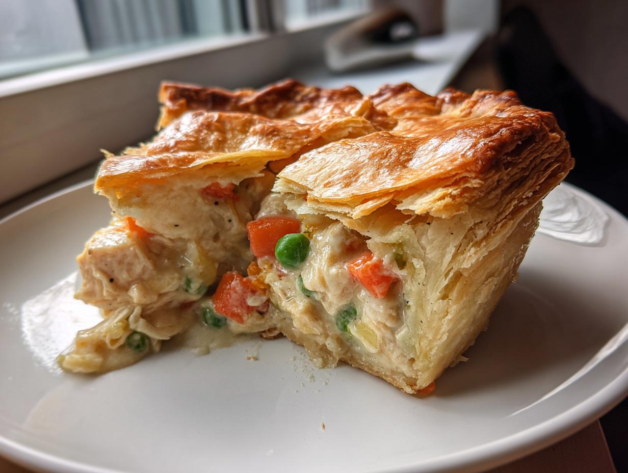 Close-up of a slice of pot pie recipe showing creamy filling, chicken, carrots, and peas under a golden, flaky puff pastry crust.