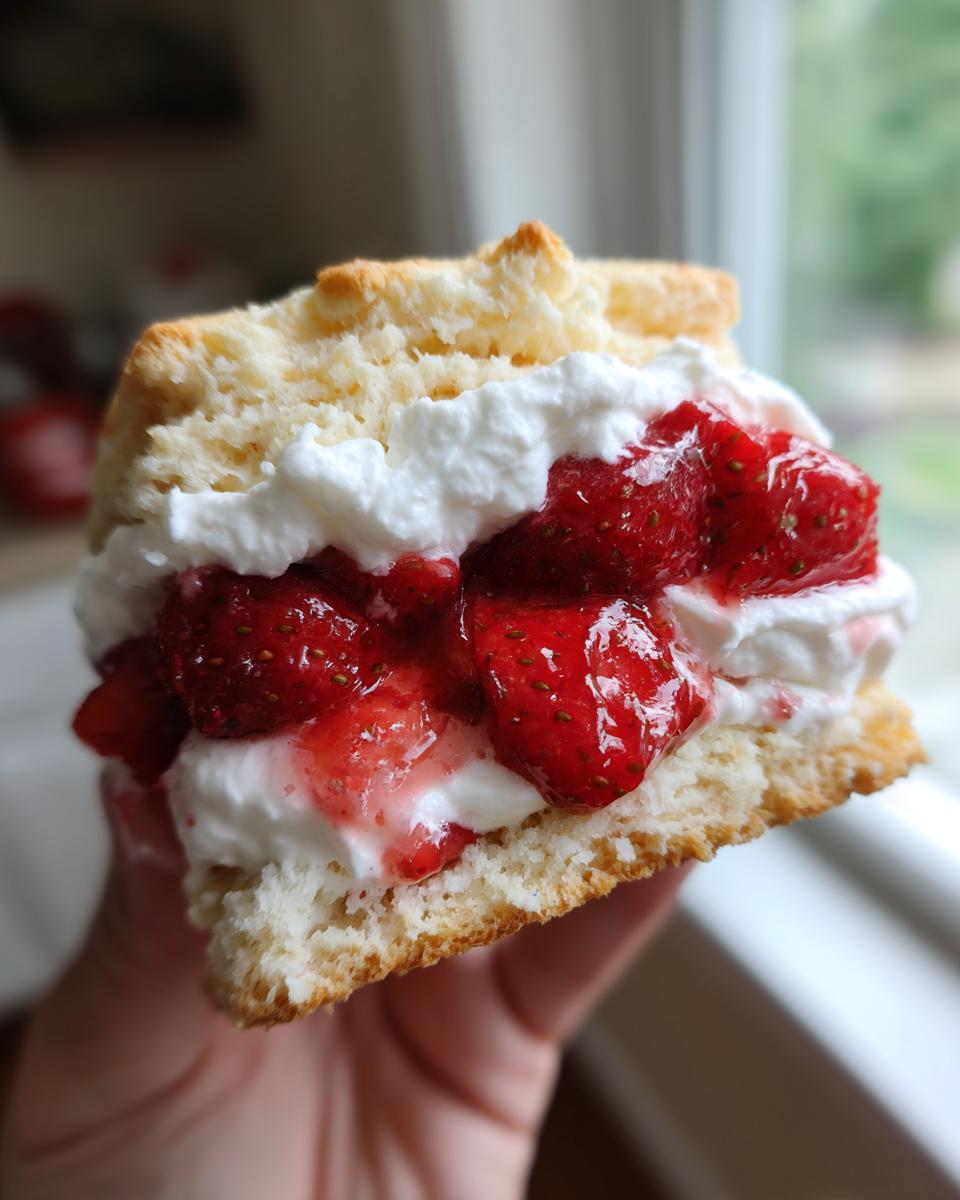 A hand holding a delicious, flaky shortcake filled with macerated strawberries and whipped cream.