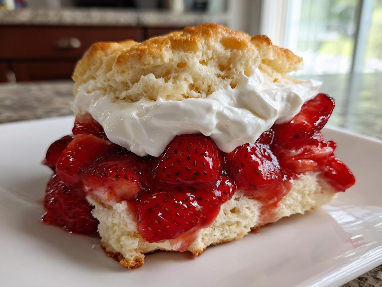 A close-up of a flaky shortcake split open, layered generously with macerated strawberries and topped with whipped cream.