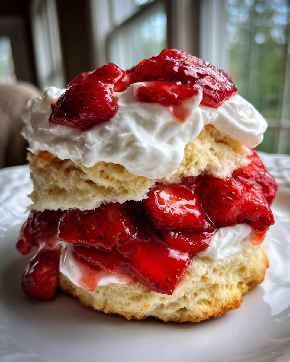 A delicious, layered shortcake featuring flaky biscuit, macerated strawberries, and whipped cream.