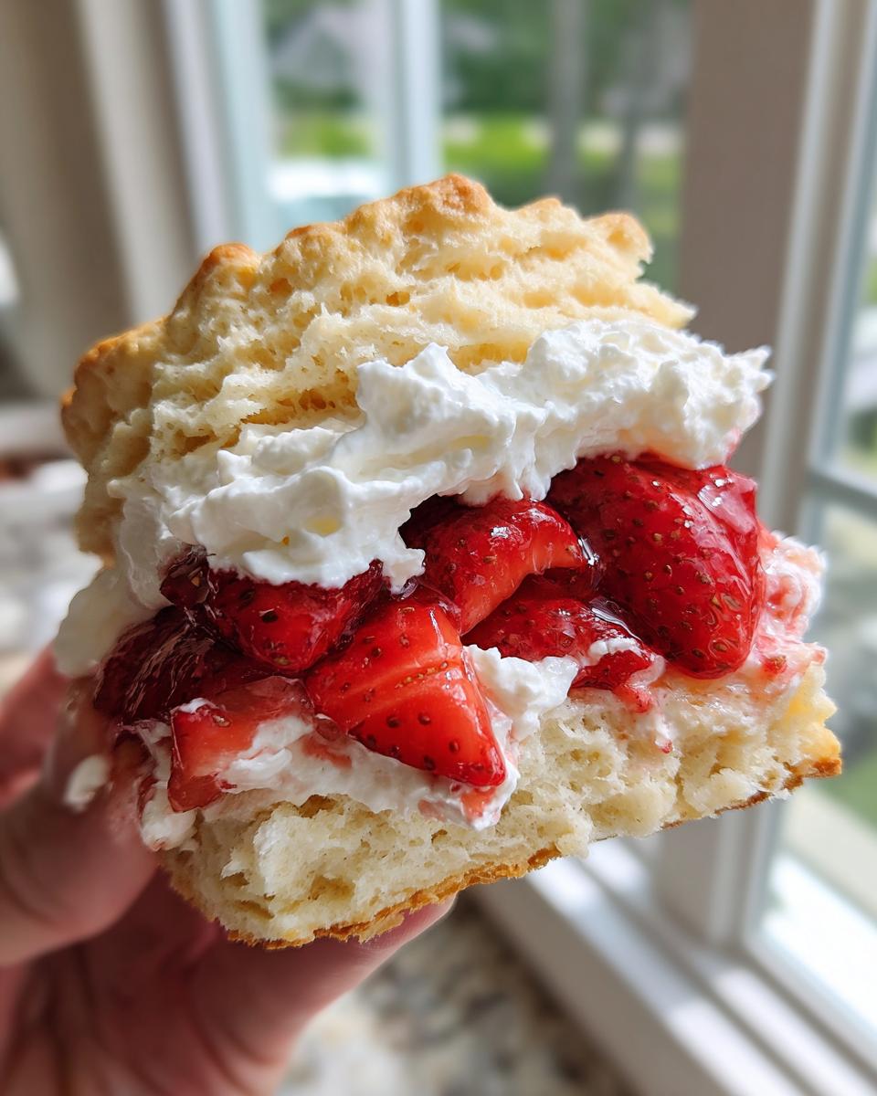 A close-up of a hand holding a delicious, layered shortcake filled with macerated strawberries and whipped cream.