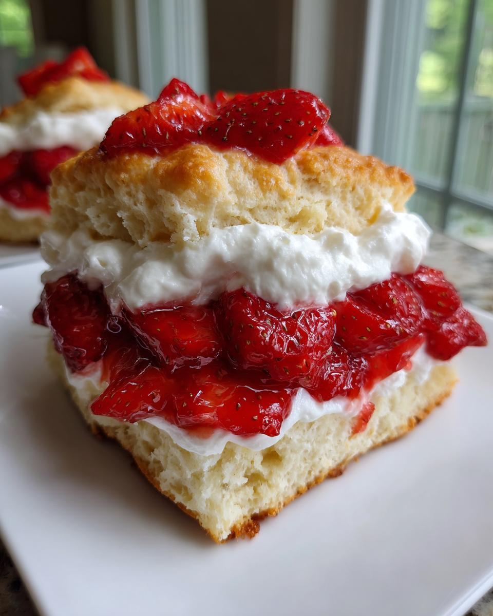 Close-up of a delicious, layered strawberry shortcake slice with flaky biscuit, whipped cream, and macerated strawberries.