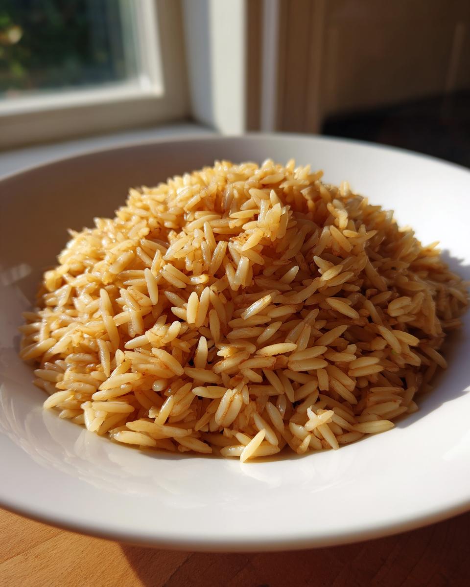 A close-up of fluffy, golden-brown orzo rice pilaf served in a white bowl near a sunlit window.