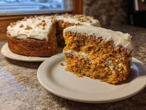 A thick slice of moist carrot cake with visible shredded carrots, topped with cream cheese frosting and pecans.